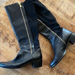 Tahari Black Leather Heeled Boots with Gold Zipper